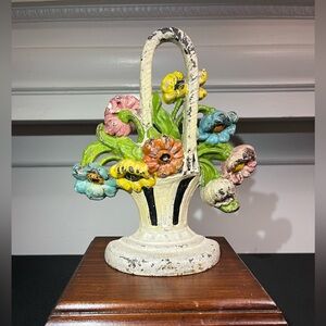 Antique hand painted cast iron door stop basket flowers heavy 9"